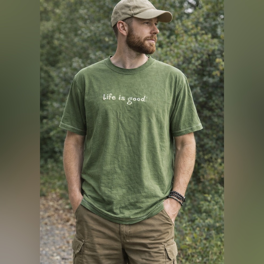 Life Is Good Green Short Sleeve T-Shirt | Garment Dyed Fade | Relaxed Casual Tee
